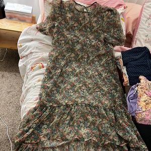 Green Sheer Floral Dress with Inner Pink Slip